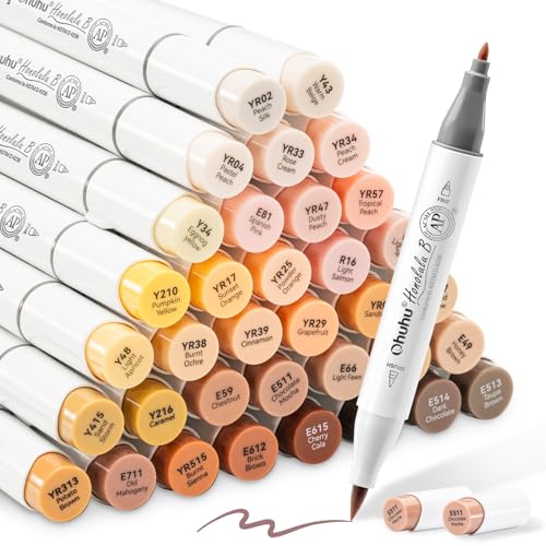 Ohuhu 36 Hauttonfarben Alkohol-Filzstifte, Pinsel & Fine, Sketch Kunst Marker auf Alkoholbasis für Erwachsene, Illustration, Mittelton-Hautton- und Haarschattierungs-Marker Set von Ohuhu
