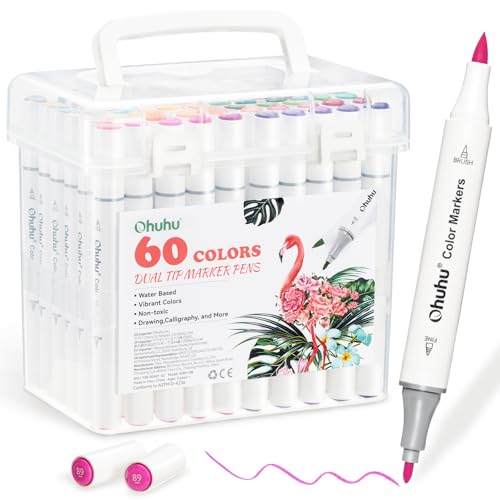 Ohuhu 60 Marker auf Wasserbasis, Filzstifte mit Doppelspitze (Pinsel & Fein) für Erwachsene & Kinder – Ideal für Comics, Skizzieren, Kalligraphie & Zeichnen – Geruchlos & Sicher für Kinder von Ohuhu