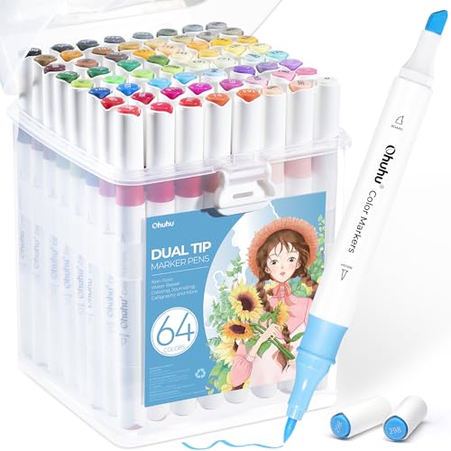 Ohuhu Marker auf Wasserbasis, 63+1 Farben Filzstifte mit Doppelspitze Stifte Set für Erwachsenen Künstler für Comics Skizzieren Kalligraphieren Zeichnen, Geruchsneutral & Leicht zu Reinigende von Ohuhu