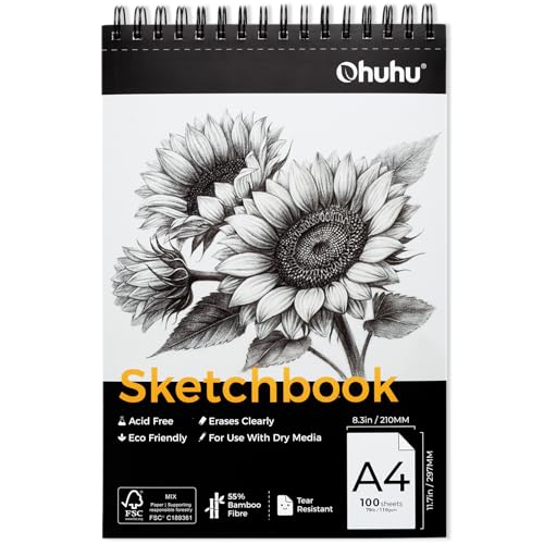 Ohuhu A4 Skizzenbuch aus Bambusfaser - Extra stabiles 100 Blatt (200 Seiten) säurefreies Künstlerpapier 110g/m² - Spiralbindung, zum Skizzieren, Illustration, Ideal für Bleistift, Kohle & Kreide von Ohuhu