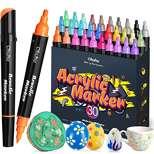 Ohuhu Acrylmalstifte Daul Tip 30 Farben (rund & fein) Malstifte wasserdicht für Rock Malerei Stein Holz Keramik Glas Leinwand Stoff Acryl Marker mit 8 austauschbare Stiftspitzen von Ohuhu