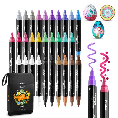 Ohuhu Acrylstifte, 30 Stück Wasserfest Lichtecht Hohe Opazität Permanent Doppelspitze (Feine & Runde) Acrylic Marker Metallische Farben für Steine Bemalen Zeichnen Holz Glas Keramik Ostereier Kürbis von Ohuhu