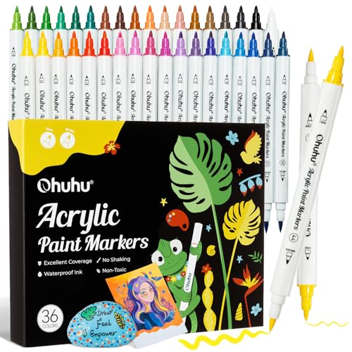 Ohuhu Acrylstifte, 36 Farben Acrylic Marker mit feiner und Pinselspitze(Doppelspitze) - Wasserfest, Lichtechte, hoher Deckkraft Acrylstifte Set für Steine Bemalen Ostereier Holz Glas Keramik Leinwand von Ohuhu