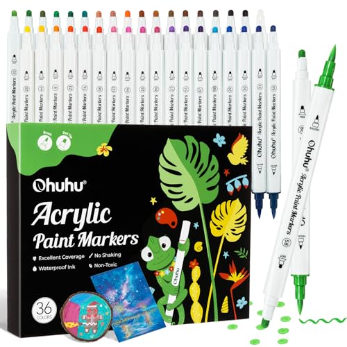 Ohuhu Acrylstifte, 36 Farben Acrylic Marker mit zwei Spitzen (Pinsel und Punkt) - Wasserfest, Lichtechte, hoher Deckkraft Acrylstifte Set für Steine Bemalen, Ostereier, Holz, Glas, Keramik, Leinwand von Ohuhu
