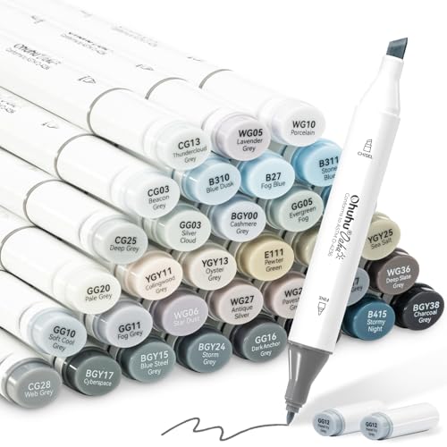 Ohuhu Alkohol-Marker, grauer Ton, Doppelspitze, Alkoholbasis, Kunstmarker-Set für Künstler, Erwachsene, Malbildung, Schattierung, 36 Graustufenfarben mit 1 Mixer, Meißel und fein – Oahu-Serie Ohuhu Alkohol-Marker, grauer Ton, Doppelspitze, Alkoholbasis, Kunstmarker-Set für Künstler, Erwachsene, Malbildung, Schattierung, 36 Graustufenfarben mit 1 Mixer, Meißel und fein – Oahu-Serie von Ohuhu