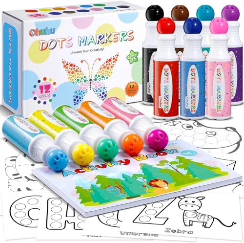 Ohuhu Bingo Dabbers, 12 Farben Auswaschbar Dot Marker für Kinder (40 ml) mit einem leeren 30 Seiten Kinder Activity Book für Vorschule ungiftig Wasser-basierte Punkt-Kunstmarker von Ohuhu
