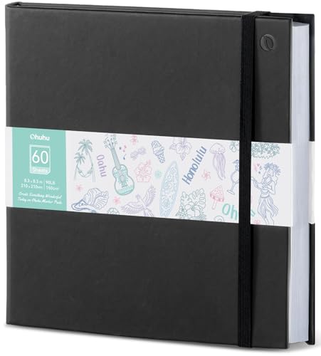 Ohuhu Doppelseitiges Skizzenbuch – Blattsicher Zeichenblock, 120 Seiten (60 Blätter) 150 g/m² – Quadratisches Hardcover-Skizzenbuch für Marker, Zeichnen, Malen – Beidseitig Nutzbar, 21 x 21 cm von Ohuhu