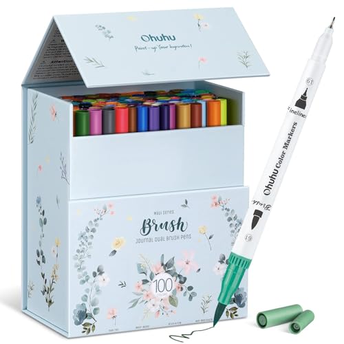 Ohuhu Filzstifte Set 100 Farben, Brush Pen Aquarellstifte Pinselstifte Set mit Doppelter Spitze für Journal Handlettering Kalligraphie Manga für Erwachsene, Mandala Stifte auf Wasserbasis von Ohuhu