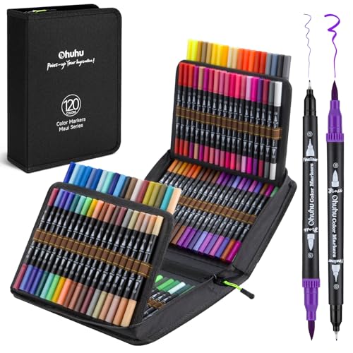 Ohuhu Filzstifte, 120 Dual Brush Pen Pinselstifte Aquarell Marker Set für Kind und Erwachsene für Journal, Kalligraphie, Manga, Malbücher und Handlettering, Maui – Tragetasche von Ohuhu