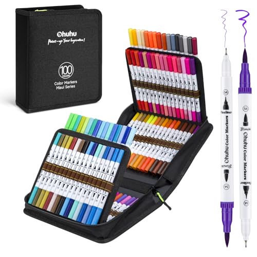 Ohuhu Filzstifte 100 Farben, Dual Brush Pen Pinselstifte Aquarell Marker Stifte Set für Kind und Erwachsene für Journal, Kalligraphie, Manga, Malbücher und Handlettering, Maui – Tragetasche von Ohuhu