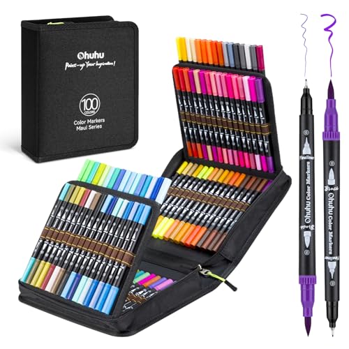 Ohuhu Maui 100 Farben Filzstifte Dual Brush Pen Set mit Doppelspitze (Pinsel & Fineliner), wasserbasierte Stifte für Erwachsene – Ideal für Bullet Journal Kalligraphie Mandala, inkl. Tragetasche von Ohuhu