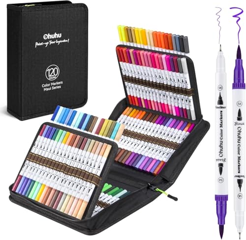 Ohuhu Maui 120 Farben Filzstifte Dual Brush Pen Set mit Doppelspitze (Pinsel & Fineliner), wasserbasierte Stifte für Erwachsene – Ideal für Bullet Journal Kalligraphie Mandala, inkl. Tragetasche von Ohuhu