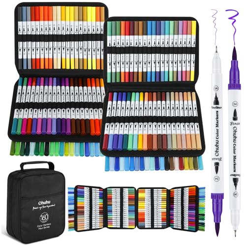 Ohuhu Filzstifte 160 Farben, Dual Brush Pen Pinselstifte Aquarell Marker Stifte Set für Kind und Erwachsene für Journal, Kalligraphie, Manga, Malbücher und Handlettering, Maui – Tragetasche von Ohuhu