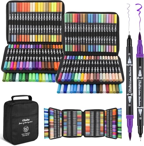 Ohuhu 160 Farben Filzstifte – Dual Brush Pen Set mit Doppelspitze (Pinsel & Fineliner), wasserbasierte Stifte für Erwachsene – Ideal für Bullet Journal, Kalligraphie Mandala, Maui Serie - Tragetasche von Ohuhu