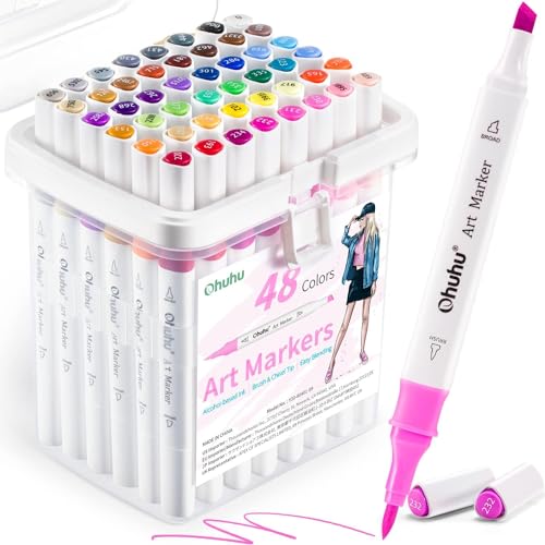 Ohuhu Pinselmarker auf Alkoholbasis, 48 Farben Pinsel & Meißel Doppelspitzen Permanent Marker für Künstler Erwachsene Anfänger Mode Cartoon Animation Malerei Skizzieren Ausmalen Illustration Design von Ohuhu