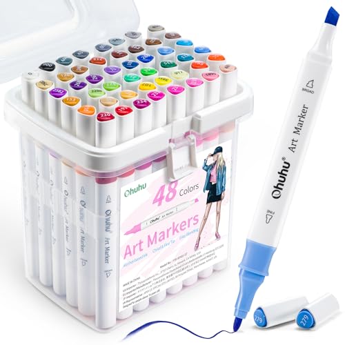 Ohuhu Stifte Set, Alkoholmarker Stifte 48 Farben Marker Stifte mit Doppelspitze Meißel und Feines Kunstmarker-Set Alkohol Marker Stift Set für Erwachsene zum Ausmalen von Illustrationen von Ohuhu