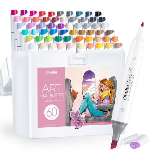 Ohuhu Marker Stifte Set, 60 Farben Slim Broad und Feines Alkoholmarker Kunstmarker-Set mit Doppelspitze für Künstler Erwachsene zum Azusmalen Professionelle Illustration Modedesign, Kaala-Serie von Ohuhu