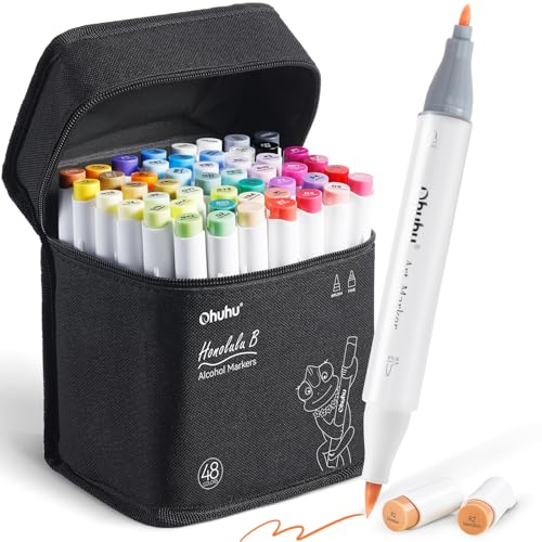 Ohuhu Marker Stifte Set, 48 Farbige Manga Marker Doppelspitze (Pinsel & feine Spitze) Marker Stifte für Künstler-Kunstmarker für die Kolorierung Illustration von Erwachsenen für Weihnachten von Ohuhu