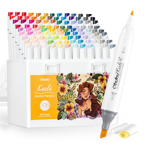 Ohuhu Markers, 108 Farben Schlank Breit und Fein Doppelspitze Alkohol Marker, Nachfüllbar, für Künstler Erwachsene Ausmalen Zeichnen Skizzieren Cartoon Anime Comic - Kaala-Serie von Ohuhu