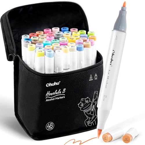 Ohuhu Markerstifte Set, 48 Farben Doppelspitze Pinsel & Feine Spitze Marker Stifte auf Alkoholbasis für Künstler Manga mit Tragetasche für die Kolorierung Illustration von Erwachsenen, Honolulu B von Ohuhu