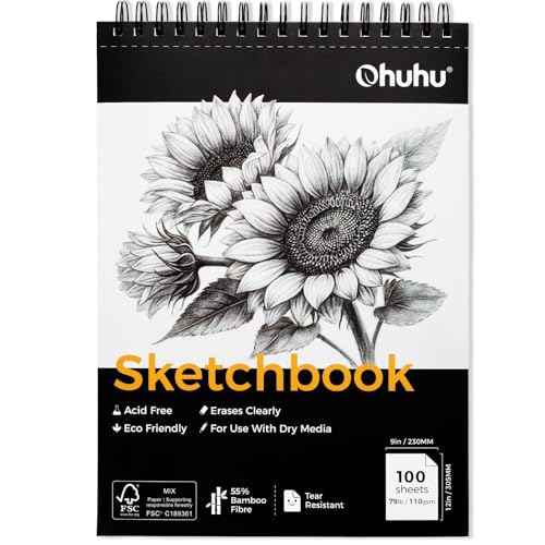 Ohuhu Skizzenbuch aus Bambusfaser – 100 Blatt (200 Seiten) radierfestes Künstlerpapier 110g/m² – Extra großes Format 229x305mm, säurefrei – Ideal für Bleistift, Kohle & Kreide, Spiralbindung von Ohuhu