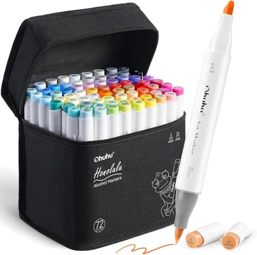 Ohuhu Marker Stifte Set, Pinsel Marker Stift mit 72 Farben Doppelseitige Farbspitz Chisel Alkoholmarker für Comics Manga Pinsel Tip zum Skizzieren Kalligraphieren Zeichnen von Ohuhu