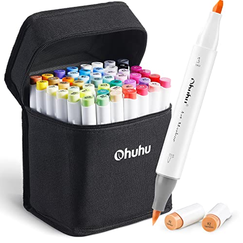 Ohuhu Marker Stifte Set, Pinsel Marker Stift mit 48 Farben Doppelseitige Farbspitz Chisel Brush Alkoholmarker für Comics Manga Pinsel Tip zum Skizzieren Kalligraphieren Zeichnen von Ohuhu