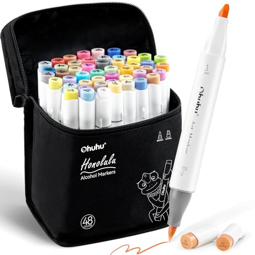 Ohuhu Marker Stifte Set, Pinsel Marker Stift mit 48 Farben Doppelseitige Farbspitz Chisel Alkoholmarker für Comics Manga Pinsel Tip zum Skizzieren Kalligraphieren Zeichnen, Honolulu Series von Ohuhu