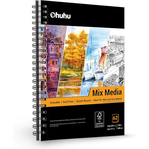 Ohuhu A4 Skizzenbuch, Zeichenblock 124 Seiten/62 Blatt, DIN A4, 200 g/m² Dickes Papier, Säurefreies, Skizzenblock Spiralgebundener für Zeichnungen und Skizzen, Acryl, Aquarell, Bleistift von Ohuhu