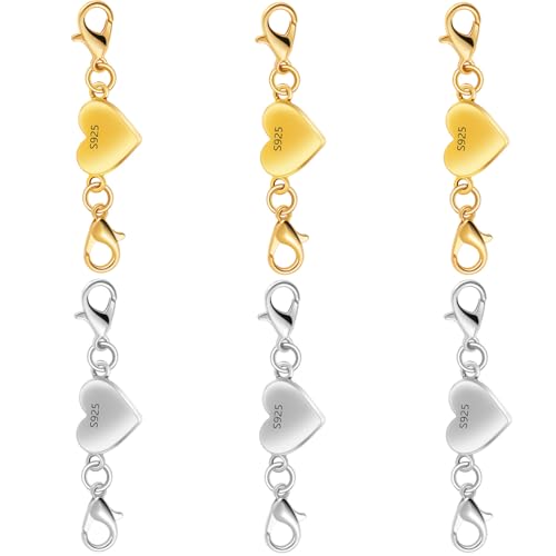 925 Silber herzförmige magnetische Halskettenverschlüsse und Verschlüsse, Magnetverschluss, Konverter für Schmuckherstellung, Kettenverlängerung, Verbindungsstück für Halskette, Armband (3 Gold + 3 925 Silber herzförmige magnetische Halskettenverschlüsse und Verschlüsse, Magnetverschluss, Konverter für Schmuckherstellung, Kettenverlängerung, Verbindungsstück für Halskette, Armband (3 Gold + 3 von Oilzorr