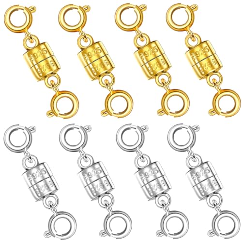 Magnetische Halskettenverschlüsse, 925er Silber, magnetische Halskettenverschlüsse und Verschlüsse für Armband-Halsketten-Verlängerung (8 Stück, 4 Gold und 4 Silber) von Oilzorr