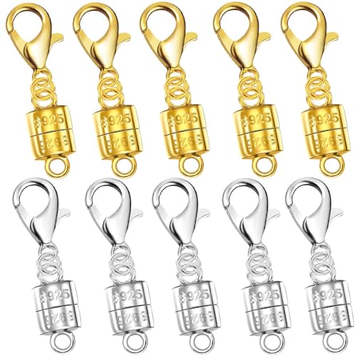 Magnetische Halskettenverschlüsse, 925er-Sterlingsilber, magnetische Halskettenverschlüsse und Verlängerungen, für Armband, Halskette und Zubehör (10 Stück, 5 Gold und 5 Silber) von Oilzorr