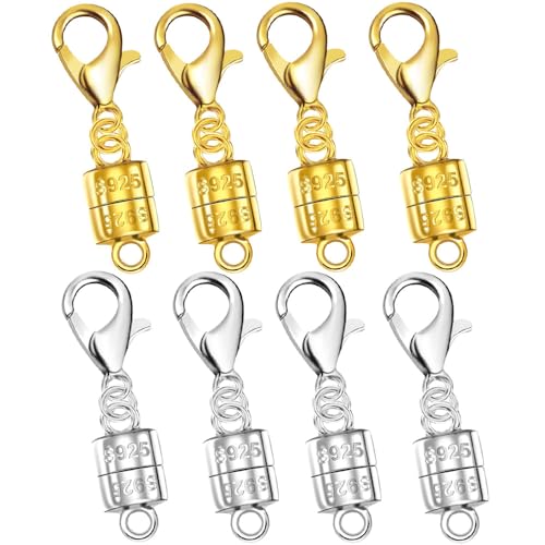 Magnetische Halskettenverschlüsse, 925er-Sterlingsilber, magnetische Halskettenverschlüsse und Verlängerungen, für Armband, Halskette und Zubehör (8 Stück, 4 Gold und 4 Silber) von Oilzorr