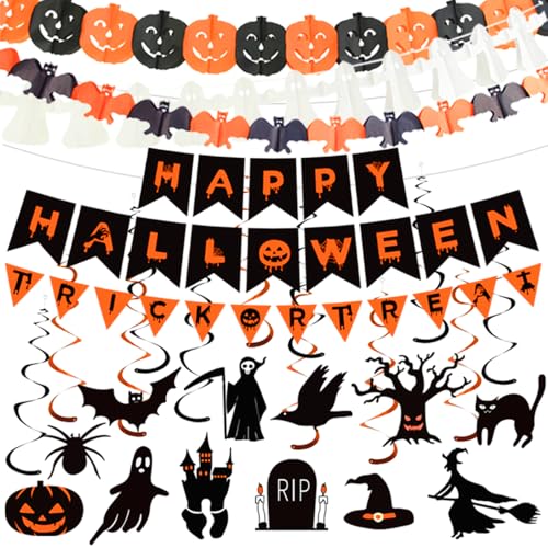 Halloween Party Dekoration Set, Happy Halloween Banner, Trick or Treat Schild, Kürbis Dekorationen, Wiederverwendbare hängende Gruseldekoration Kit für Zuhause, Büro, Schule Halloween Party Dekoration Set, Happy Halloween Banner, Trick or Treat Schild, Kürbis Dekorationen, Wiederverwendbare hängende Gruseldekoration Kit für Zuhause, Büro, Schule von Oimaik