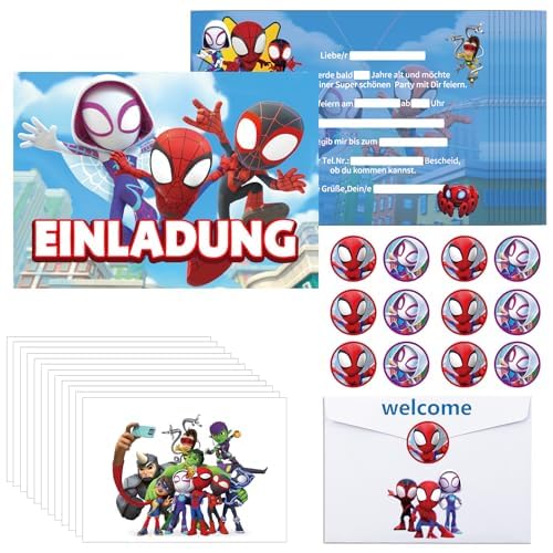 Oirigaga Einladungskarten Kindergeburtstag, 12 Stück Kinder Geburtstag Einladungen auf Deutsch, Partyeinladungen Set mit Umschlägen und Runden Aufklebern, Cartoon-Spidey Einladung für Jungen Mädchen von Oirigaga