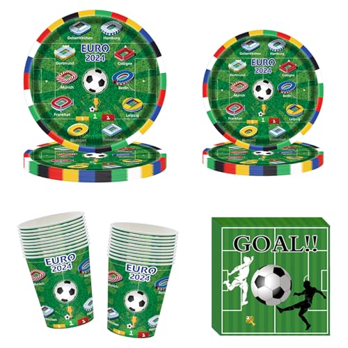 Oirigaga Fussball Partygeschirr Set, 80 Stück Fußball Pappgeschirr mit Pappteller Pappbecher Servietten, Grün Papier Teller Becher, UEFA EURO 2024 Party Geschirr Tischdeko Zubehör für 20 Personen von Oirigaga