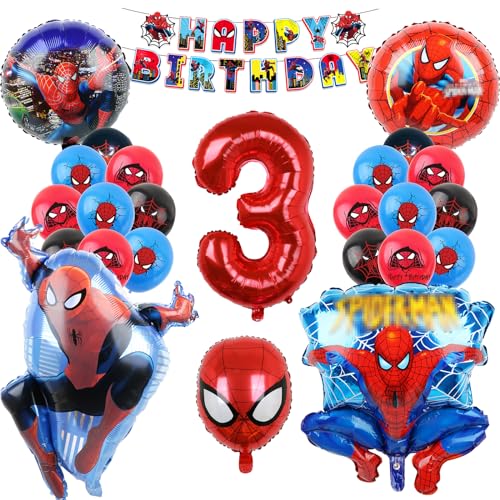 Oirigaga Spiderman Geburtstagsdeko Luftballons Set, Geburtstag Ballons für 3 Jahre Jungen, Kindergeburtstag Party Deko Helium Balloons, Cartoon Anime Spidey Folienballons mit Happy Birthday Banner von Oirigaga