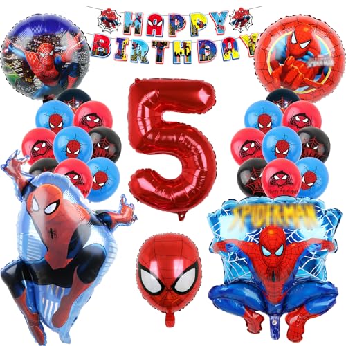 Oirigaga Spiderman Geburtstagsdeko Luftballons Set, Geburtstag Ballons für 5 Jahre Jungen, Kindergeburtstag Party Deko Helium Balloons, Cartoon Anime Spidey Folienballons mit Happy Birthday Banner von Oirigaga