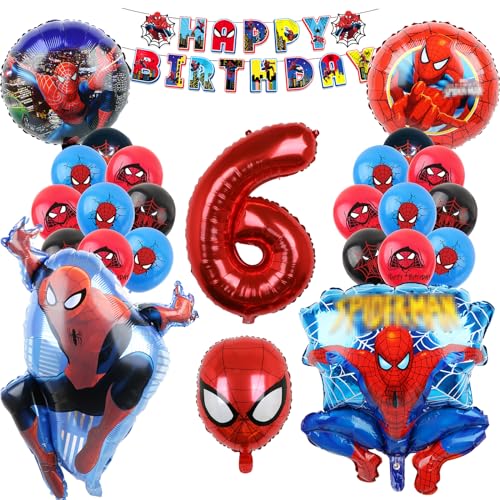 Oirigaga Spiderman Geburtstagsdeko Luftballons Set, Geburtstag Ballons für 6 Jahre Jungen, Kindergeburtstag Party Deko Helium Balloons, Cartoon Anime Spidey Folienballons mit Happy Birthday Banner von Oirigaga