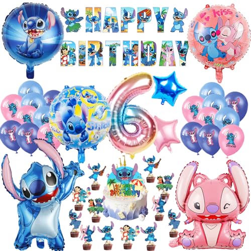 Oirigaga 44 Stück Stitch Geburtstagsdeko Luftballons Set für 6 Jahre Jungen Mädchen, Kinder Geburtstag Ballons, Party Deko Helium Balloons Folienballons mit Happy Birthday Banner und Tortendeko von Oirigaga