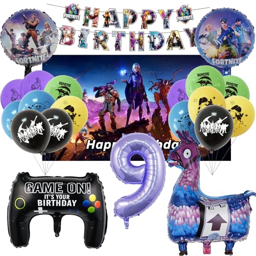 Oirigaga Fortnit Gaming Geburtstagsdeko Luftballons Set für 9 Jahre Jungen, Gamer Party Deko Ballons, Kinder Geburtstag Helium Balloons Videospiel Folienballons mit Happy Birthday Banner und Kulisse von Oirigaga