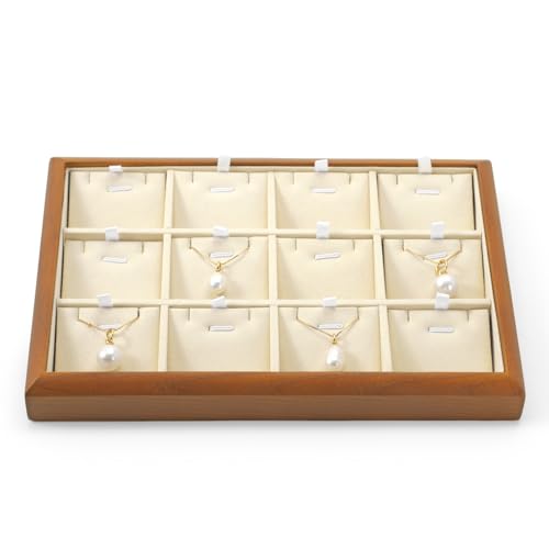Oirlv Massivholz 12 Gitter Schmuckablage Mit Herausnehmbaren EinsäTzen Schmuckunterlagen Halskette/Anhänger Display Organizer Tablett(Cremeweiß) von Oirlv