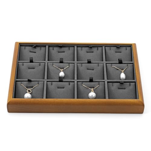 Oirlv Massivholz 12 Gitter Schmuckablage Mit Herausnehmbaren EinsäTzen Schmuckunterlagen Halskette/Anhänger Display Organizer Tablett(Dunkelgrau) von Oirlv