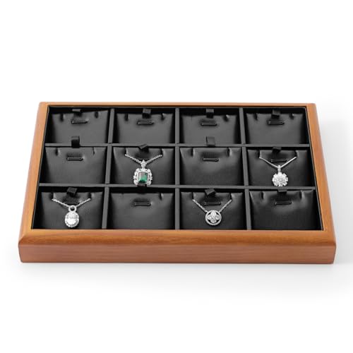 Oirlv Massivholz 12 Gitter Schmuckablage Mit Herausnehmbaren EinsäTzen Schmuckunterlagen Halskette/Anhänger Display Organizer Tablett(Schwarz) von Oirlv