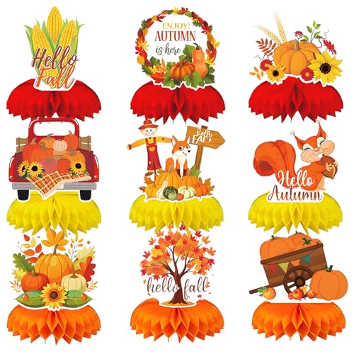 Oiuyamn 9 Stück Herbst-Party-Waben-Mittelstücke, 3D-Thanksgiving-Tischdekoration für Tischdekoration, Kürbis-Herbst-Thema, Wabendekorationen für Hallo Herbst Partyzubehör von Oiuyamn
