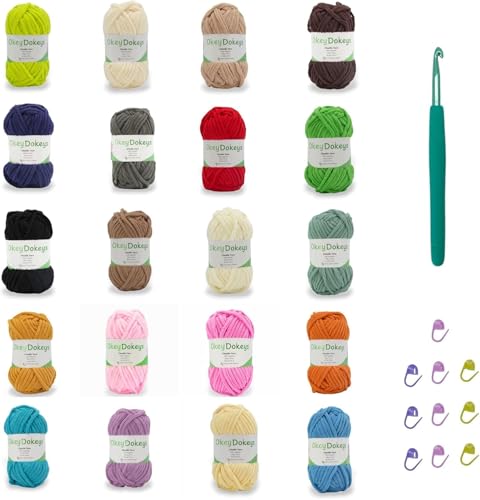 Okey Dokeys Chenille-Garnbündel (1000 g), superweich, kein Ausfransen, langlebiges #6-Garn für Amigurumi, Plüsch, Decken, DIY-Häkelprojekte, Anfängerfreundlich (20 x 50 g-Knäuel, 20 Farben) von Okeydokeys