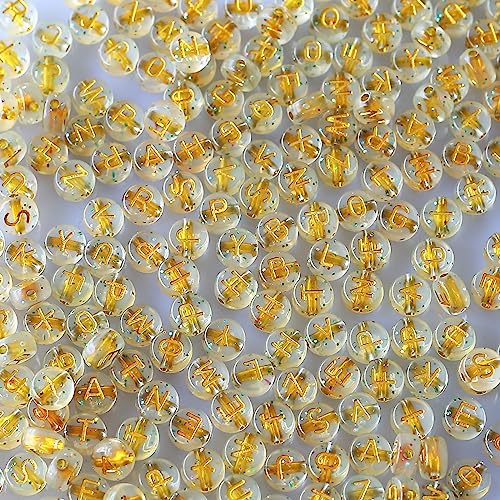 Okkop 1000pcs Buchstabenperlen Rund gold Buchstaben Perlen zum Auffädeln, Bastelset für Armband Haarband Basteln (transparent gold A) von Okkop