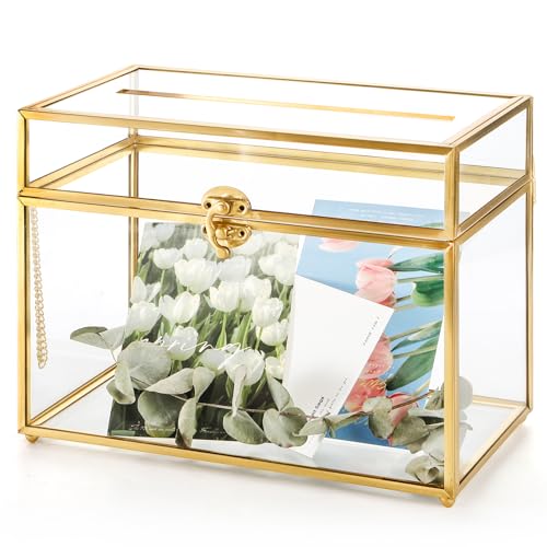 Okllen Glas Hochzeitskartenbox mit Schloss und Schlitz, Goldrand Umschlag Box Geschenkhalter, Vintage Clear Card Box für Hochzeitsempfang, Babyparty, Geburtstag, Abschlussfeier (nur Glasbox und Okllen Glas Hochzeitskartenbox mit Schloss und Schlitz, Goldrand Umschlag Box Geschenkhalter, Vintage Clear Card Box für Hochzeitsempfang, Babyparty, Geburtstag, Abschlussfeier (nur Glasbox und von Okllen