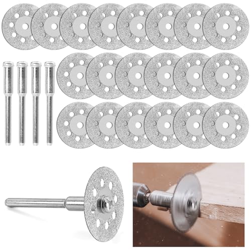 Diamant Trennscheibe, 20Pcs Sägeblatt, 22 mm Trennscheiben Set für Dremel Zubehoer, Diamantscheibe Mini Diamant Schneidscheibe mit 4 Stück 3 mm Dorn für Holz, Fliese, Glas, Stein (20) von Okoss