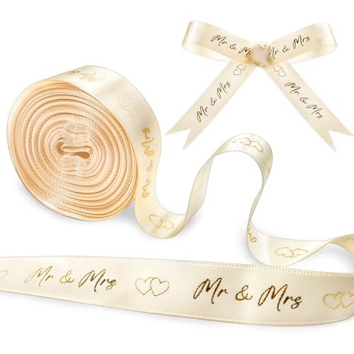 Hochzeit Deko Schleifenband 10 m x 15 mm – Mr & Mrs Geschenkband für Hochzeitsgeschenke, Hochzeitsalbum und Brautstrauß – Goldene Hochzeit Dekoband mit Herz (Gold) von Okoss